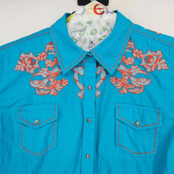 Ariat Snap Shirt Womens XXL Long Sleeve Western Teal Embroidered Rodeo - Picture 2 of 10
